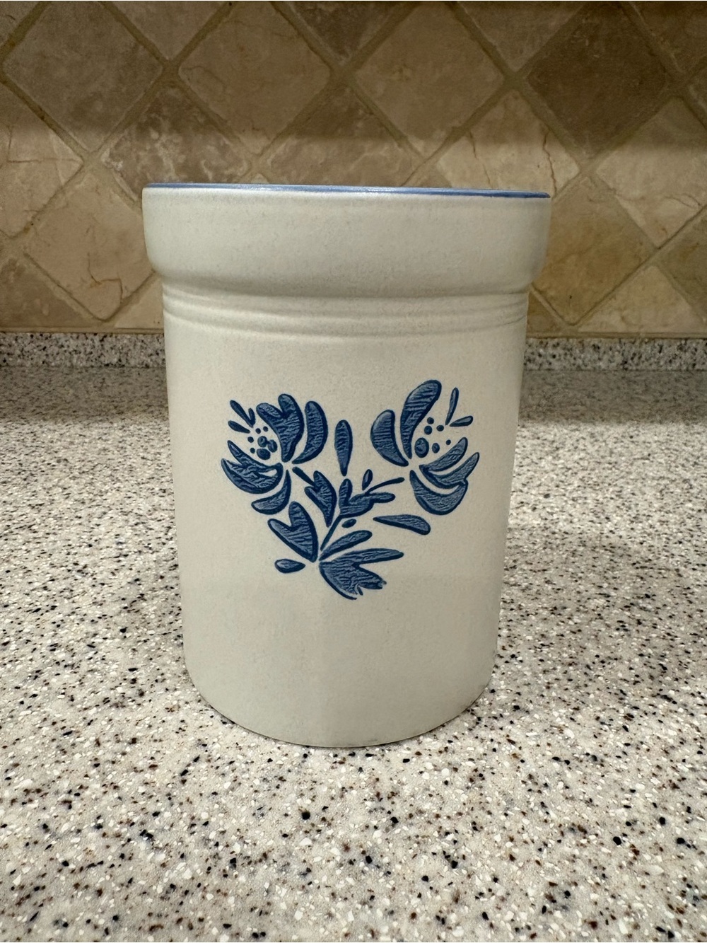 Pfaltzgraff White Stoneware Vase with Blue Floral Design